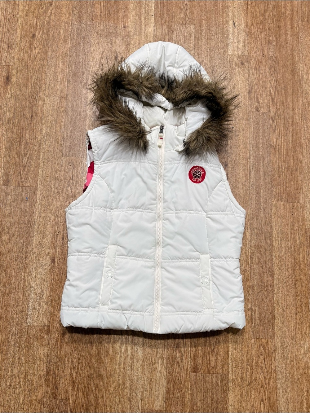 Y2K Aeropostale White Hooded Puffer Vest with Faux Fur Trim